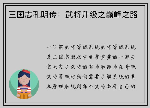 三国志孔明传：武将升级之巅峰之路